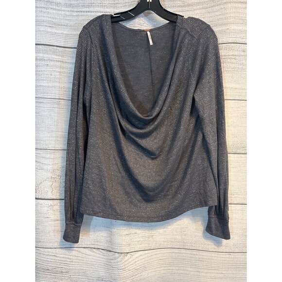 Free People Long Sleeve Drape Neck Metallic Knit Top Size L - Picture 1 of 6